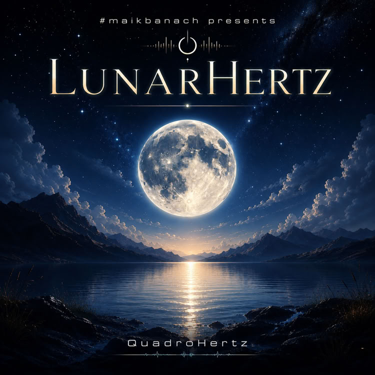 Ein gro&szlig;es Bild des Vollmondes &uuml;ber einem ruhigen Gew&auml;sser, umgeben von Wolken und Sternen am Nachthimmel, mit dem Text "LunarHertz" in der Mitte.