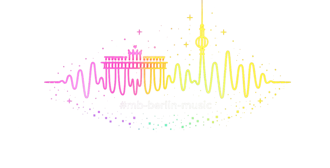 Illustration einer Skyline mit einem wellenf&ouml;rmigen Muster in Rosa und Gelb, das ein Geb&auml;ude und einen Turm darstellt.